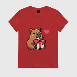Футболка хлопковая женская Довольная капибара с подарком, цвет: красный