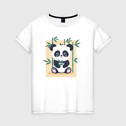 Футболка хлопковая женская Панда кушает бамбук, цвет: белый