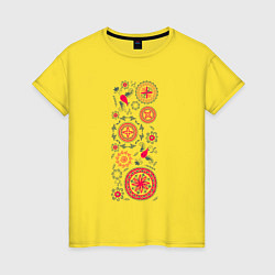 Футболка хлопковая женская Славянские символы солнца круги и птицы, цвет: желтый