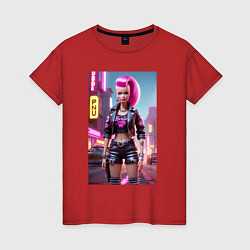 Футболка хлопковая женская Барби в кожаных шортах - модница, цвет: красный