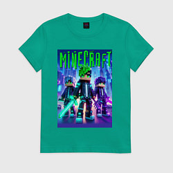 Футболка хлопковая женская Cyberpunk and Minecraft - collaboration, цвет: зеленый