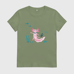 Футболка хлопковая женская Аксолотль и подводный мир, цвет: авокадо