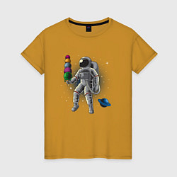 Футболка хлопковая женская Космонавт мороженое, цвет: горчичный