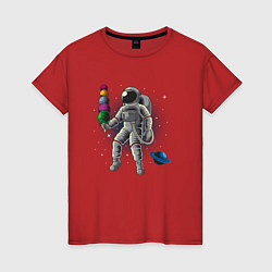 Футболка хлопковая женская Космонавт мороженое, цвет: красный