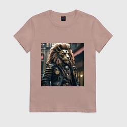 Футболка хлопковая женская Лев в кожаном костюме в стиле стимпанк, цвет: пыльно-розовый