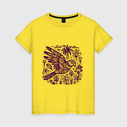 Футболка хлопковая женская Орнамент с попугаем и растениями, цвет: желтый