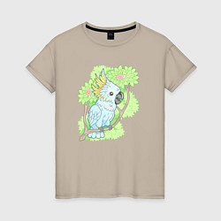 Футболка хлопковая женская Забавный попугай какаду, цвет: миндальный