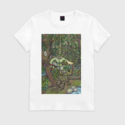 Футболка хлопковая женская Леший-озорник в шляпе в лесу, цвет: белый