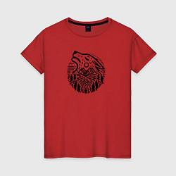 Футболка хлопковая женская Голова воющего волка с горным пейзажем, цвет: красный