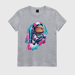 Футболка хлопковая женская Полёт космонавта капибары - нейросеть, цвет: меланж