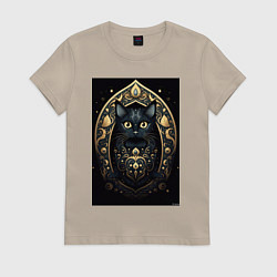 Футболка хлопковая женская Черная кошка с золотыми элементами, цвет: миндальный