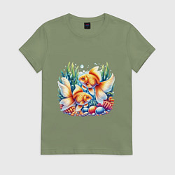 Футболка хлопковая женская Золотые рыбки в подводном мире, цвет: авокадо