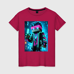 Футболка хлопковая женская Minecraft - neon character ai art, цвет: маджента