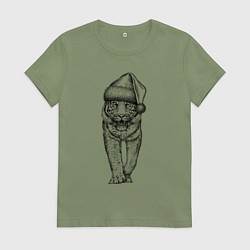 Футболка хлопковая женская Тигр в новогоднем колпаке, цвет: авокадо