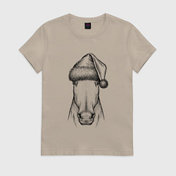 Футболка хлопковая женская Новогодняя лошадь, цвет: миндальный