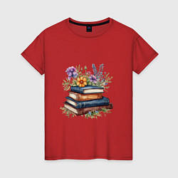 Женская футболка Стопка книг с полевыми цветами