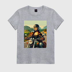 Футболка хлопковая женская Mona Lisa on a motorcycle - ai art, цвет: меланж