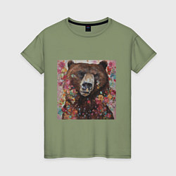 Футболка хлопковая женская Яркий медведь, цвет: авокадо