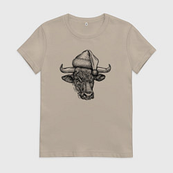 Футболка хлопковая женская Бык новогодний, цвет: миндальный