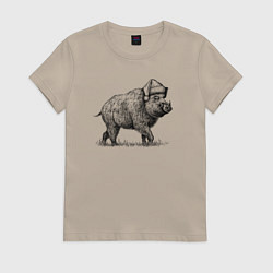 Футболка хлопковая женская Новогодний кабан, цвет: миндальный
