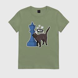 Футболка хлопковая женская Кот Зефир и шахматный ферзь, цвет: авокадо