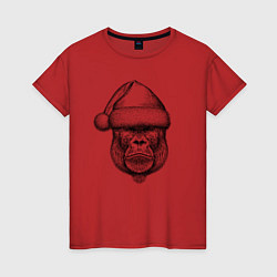 Футболка хлопковая женская Морда новогодней гориллы, цвет: красный