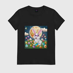 Футболка хлопковая женская Зайчик ботаник, цвет: черный