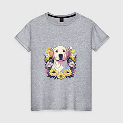 Женская футболка Лабрадор-ретривер среди цветов