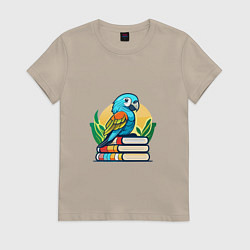 Футболка хлопковая женская Попугай на стопке книг, цвет: миндальный
