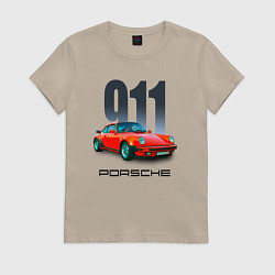 Футболка хлопковая женская Porsche 911 спортивный немецкий автомобиль, цвет: миндальный
