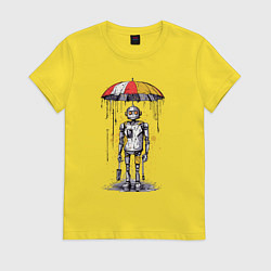 Футболка хлопковая женская Одинокий робот под зонтом, цвет: желтый