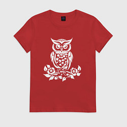 Футболка хлопковая женская Силуэт совы с цветами, цвет: красный