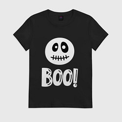 Футболка хлопковая женская Страшный белый смайлик: Буу!, цвет: черный