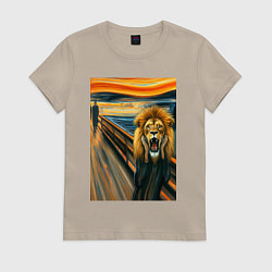 Футболка хлопковая женская Лев кричит - мем картина от нейросети, цвет: миндальный