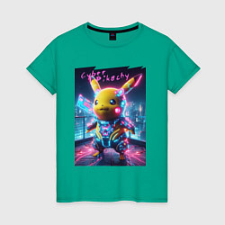 Футболка хлопковая женская Cyber Pikachu - neon glow ai art fantasy, цвет: зеленый