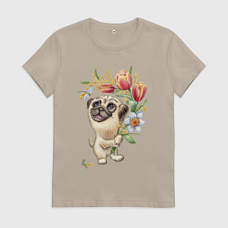 Футболка хлопковая женская Мопс с букетом, цвет: миндальный