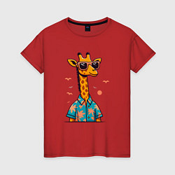 Футболка хлопковая женская Модный жираф в солнечных очках и гавайской рубашке, цвет: красный