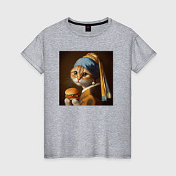 Футболка хлопковая женская Забавная кошка с бургером в лапах в стиле картины, цвет: меланж