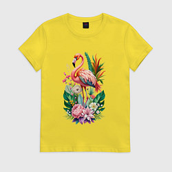Футболка хлопковая женская Розовый фламинго среди цветов, цвет: желтый