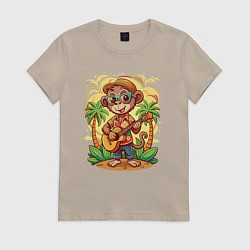 Футболка хлопковая женская Обезьянка с гитарой летний вайб, цвет: миндальный
