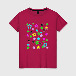 Футболка хлопковая женская Разноцветные неоновые звезды, цвет: маджента