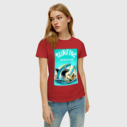 Футболка хлопковая женская Surfing never alone - shark and surfer, цвет: красный — фото 2