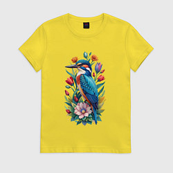 Футболка хлопковая женская Птица зимородок среди цветов, цвет: желтый