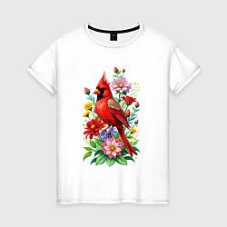 Футболка хлопковая женская Птица красный кардинал среди цветов, цвет: белый