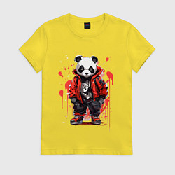 Футболка хлопковая женская Модная панда в красной куртке, цвет: желтый
