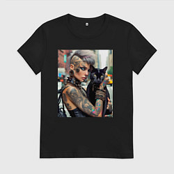 Футболка хлопковая женская Девчонка панк в татухах с чёрным котом - нейросеть, цвет: черный