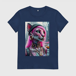 Футболка хлопковая женская Панк девушка-леопард в татухах в Нью-Йорке, цвет: тёмно-синий