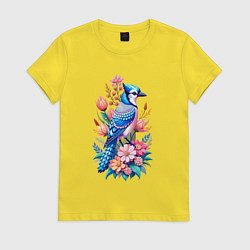 Футболка хлопковая женская Голубая сойка среди цветов, цвет: желтый