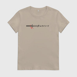 Футболка хлопковая женская Катана самурая - японский стиль, цвет: миндальный