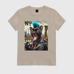 Футболка хлопковая женская Чувак пантера панк с фотоаппаратом - нейросеть, цвет: миндальный